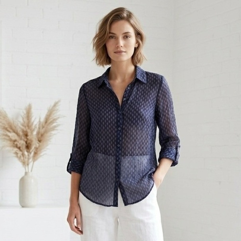 BDG Button Down Shirt M Navy Blue Sheer Crinkle Paisley Whimsigoth Boho Blouse
